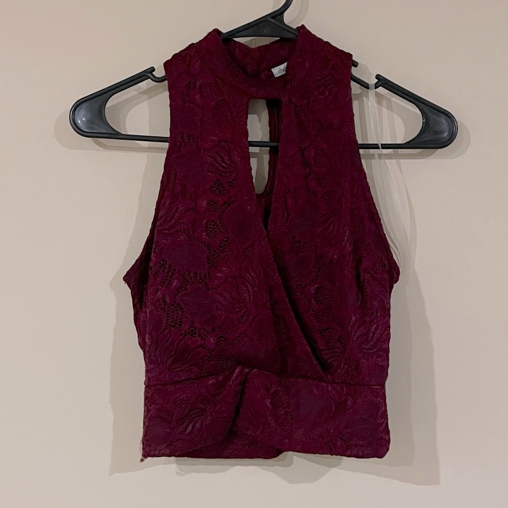 High Neck, Maroon, Lace Cropped Top